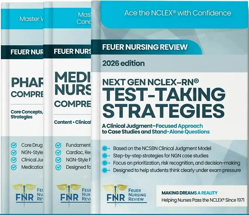 Feuer Nursing Review 2026 edition textbook set for Next Gen NCLEX-RN test-taking strategies and clinical judgment.