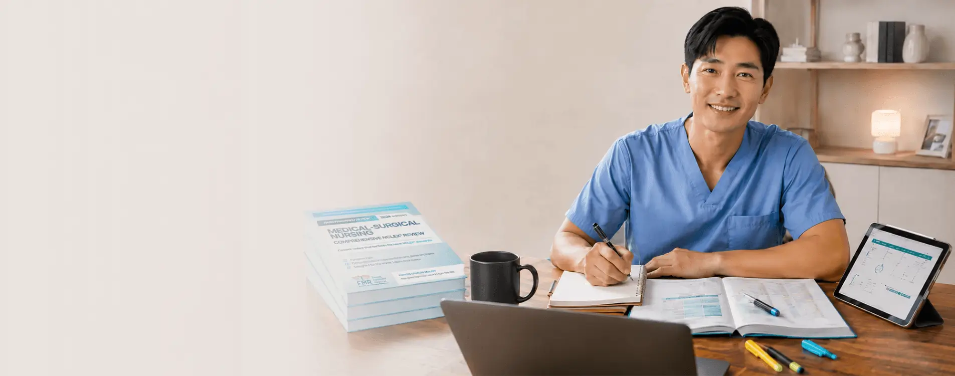 A smiling male nursing student in blue scrubs studying at a wooden desk with Feuer Nursing Review books, a laptop, a tablet, and notes.